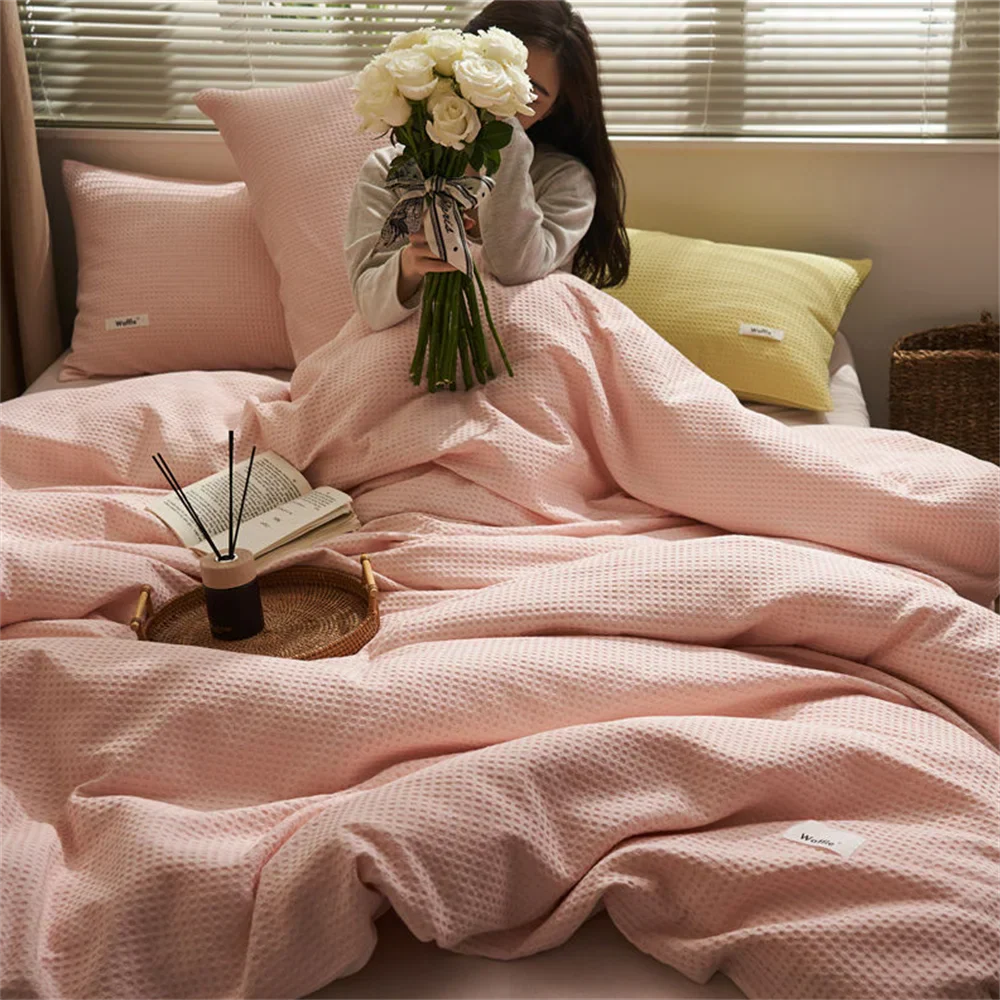 Ins Style Solid Color Waffle Cotton Duvet Cover Set Bed Sheet Four Piece Set High Beauty Quilt Sheet Bed Sheet Bedding Set