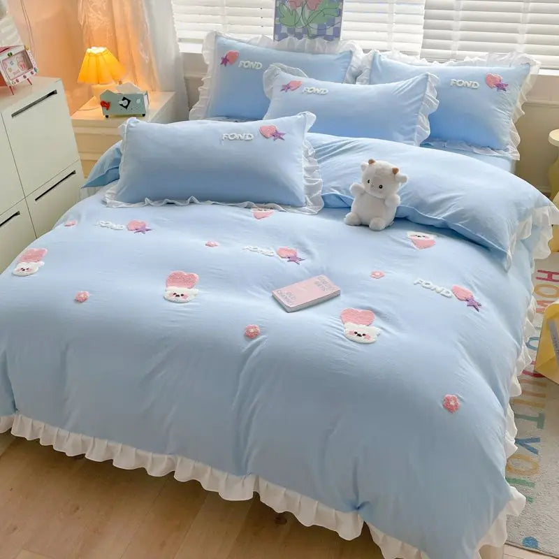 Kawaii Princess Bedding Set with White Ruffles Korean Style Girls Single Full Duvet Cover No Filling Flat Sheet Pillowcases Kit