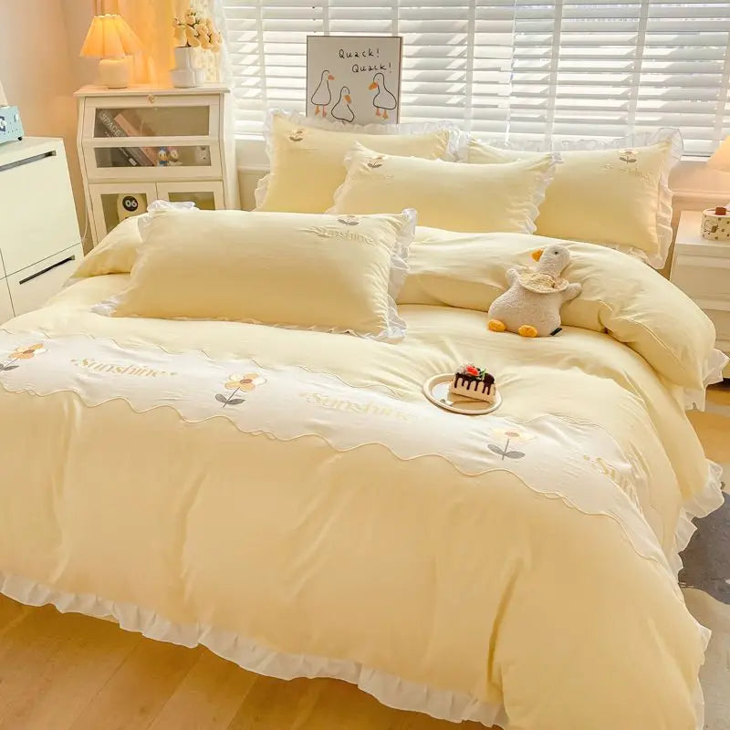 Kawaii Princess Bedding Set with White Ruffles Korean Style Girls Single Full Duvet Cover No Filling Flat Sheet Pillowcases Kit