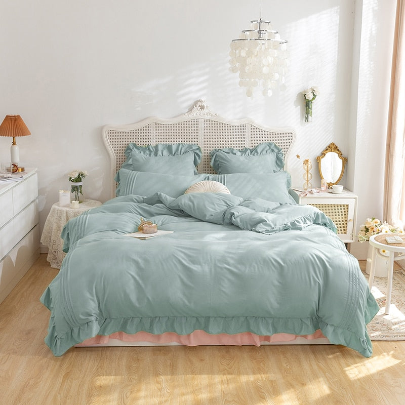 Lace Ruffles Bedding Set White and Gray Color Bedclothes for Boys/Girls Full Size Quilt Cover Sets Queen/King Bed Linen Sets