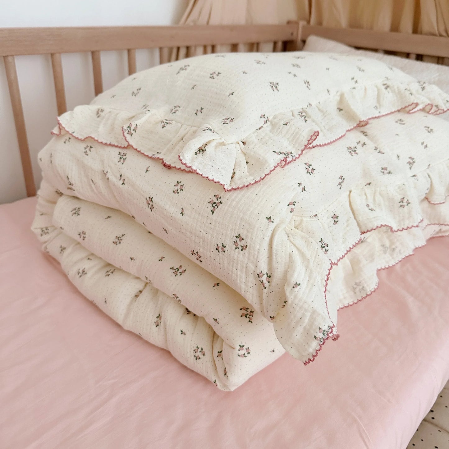 Korean Baby Girl Crib Bedding Set Bunny Rose Cherry Floral Cotton Muslin Cot Bedding Kit Duvet Cover Pillowcase No Filler