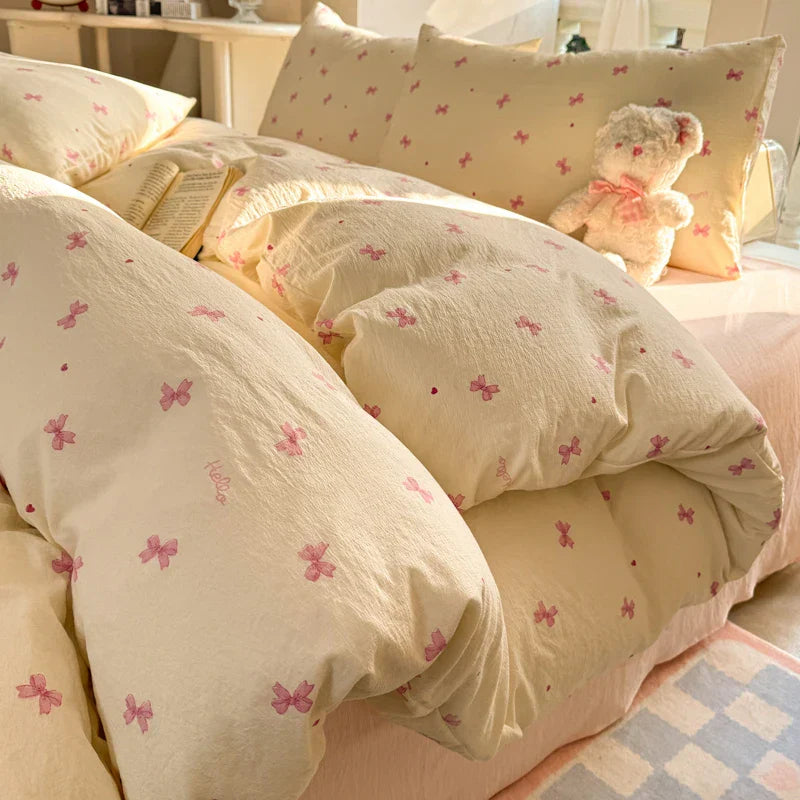 Korean Bow Bedding Sets For Girls 2025 New Duvet Cover Set Queen Full Size Flat Bed Sheet Quilt Cover Pillowcase Kawaii