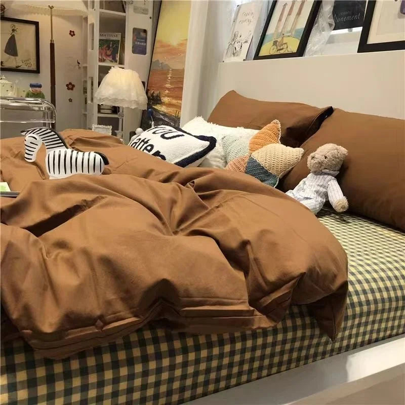 INS Pink Solid Color Bedding Set Girls Boys Single Double Size Flat Sheet Duvet Cover Pillowcase Bed Linens Home Textile
