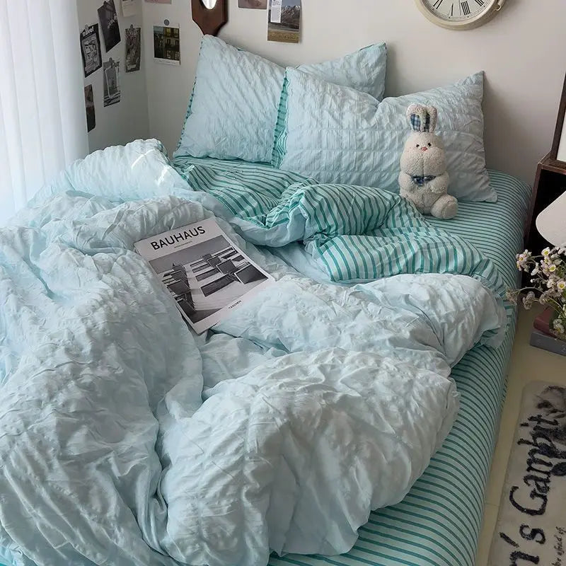 Seersucker Princess Girls Bedding Set Duvet Cover Korean Four PIECE  Washed Cotton Bed Sheet  Cover Quilt Set