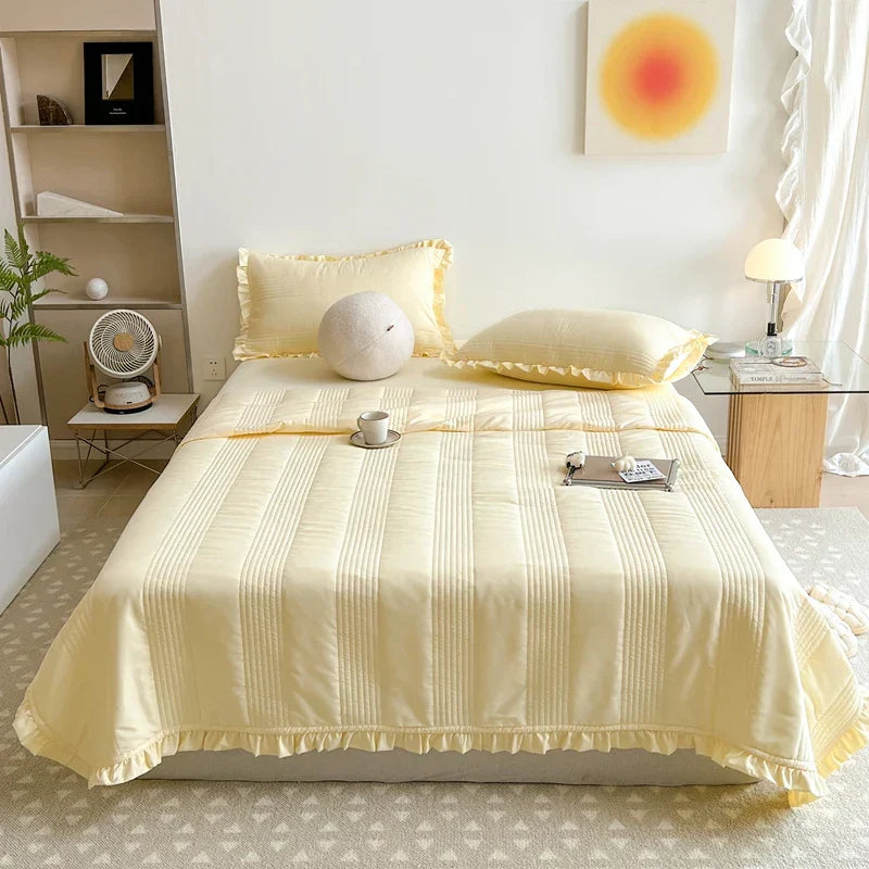 INS Style White Pink Quilted Ruffles Quilt Blanket Bedspread Washed Solid Color Korean Princess Style Summer Thin Quilt 1/3Pc