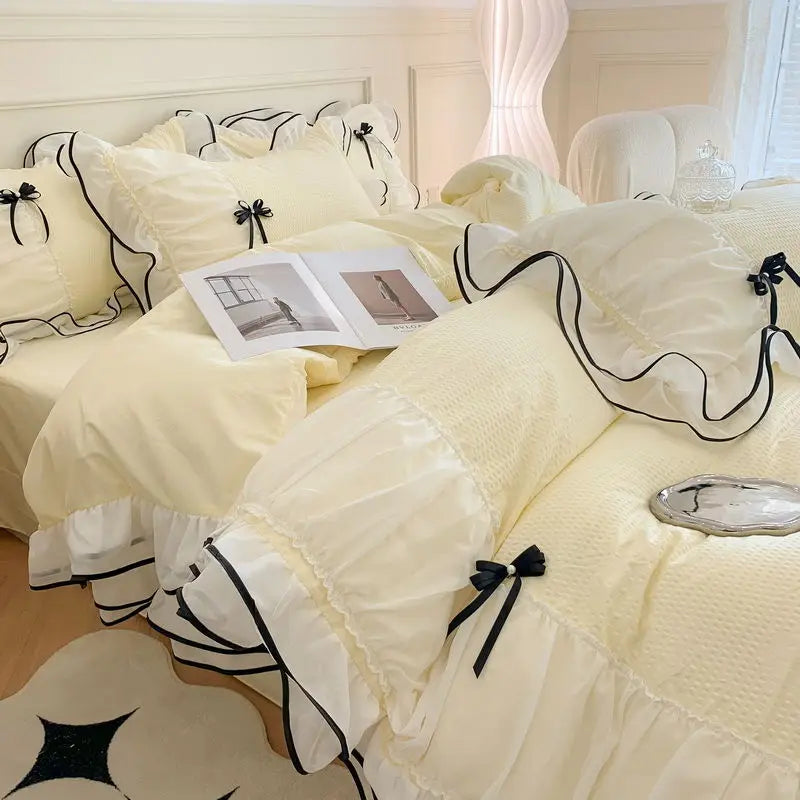 Korean Princess White Bedding Set For Women Double Ruffle Lace Duvet Cover Full Queen Solid Color Comfortable Falt Bed Sheet Set
