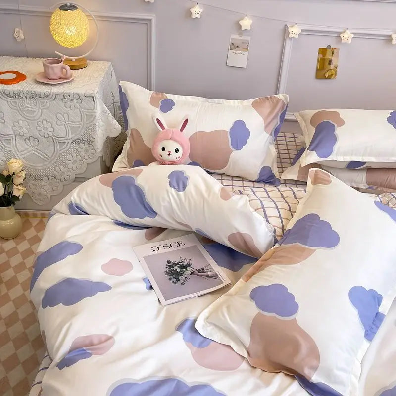 Fashion Floral Bedding Set Blue Pink Boys Girls Single Double Size Duvet Cover Kit No Filling Flat Sheet Pillowcase Home Textile