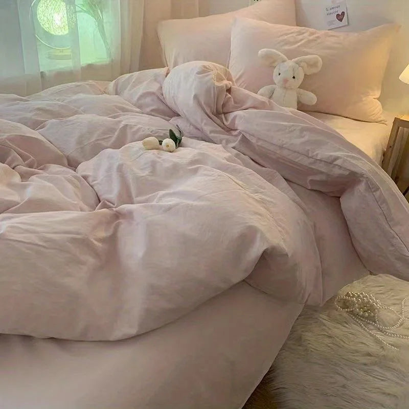 Solid Pink Fashion Style Bedding Set Twin Full Queen Size Duvet Cover Set Adults Kids Simple Korean Bed Flat Sheet Pillowcases
