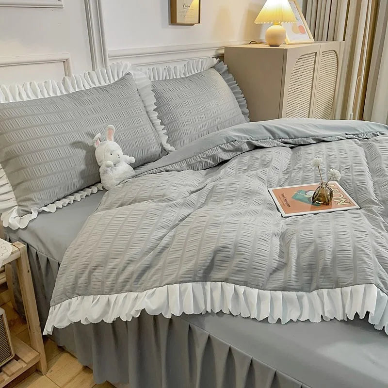 Korean Style Bedding Set Duvet Cover Flat Bed Sheet Bed Skirt Princess Style Ruffle Quilt Cover For Girls Summer Bed Linen