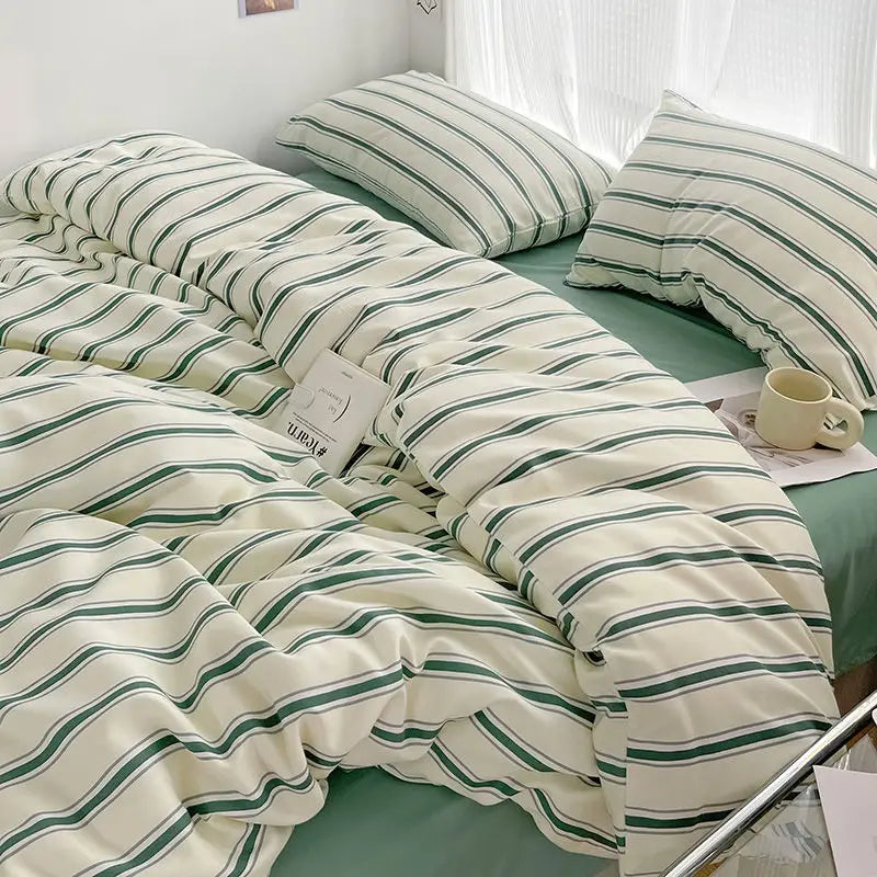 Simple Style Red And Blue Strip Duvet Cover Set Bed Sheet Set Washed Cotton Bedding Set
