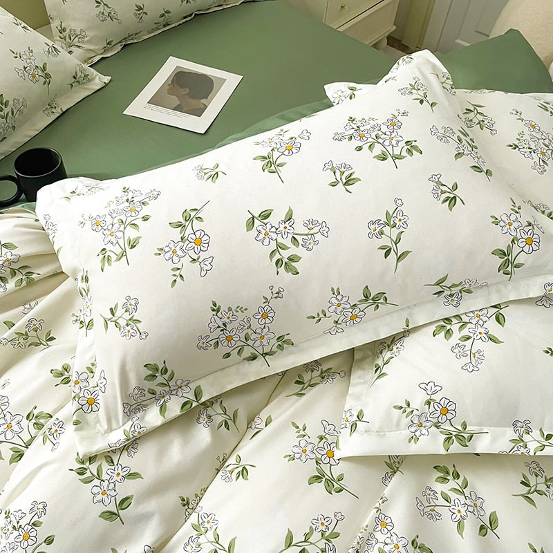 Soft Bedding Set Nordic  Washed Cotton Linen Duvet Cover  Plant Pattern Home Textile Queen King Cover Pillowcase Bed
