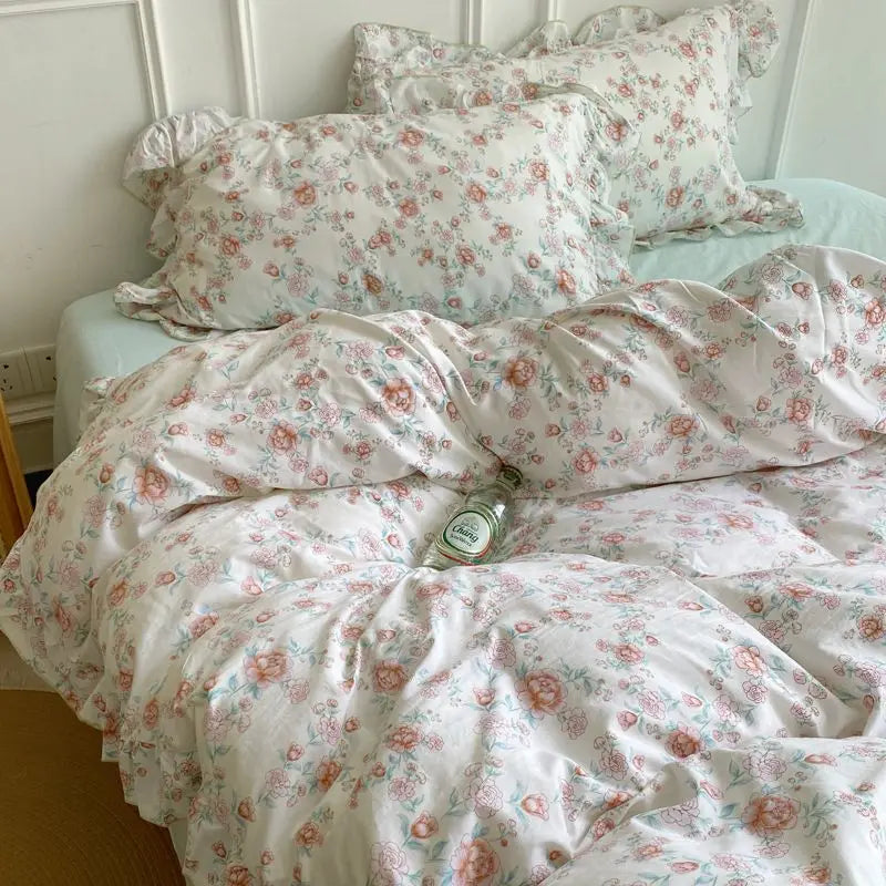 French Ins Bedding Set No Filler Korean Floral Ruffles Single Double Queen Size Duvet Cover Sheet Pillowcase Home Textile
