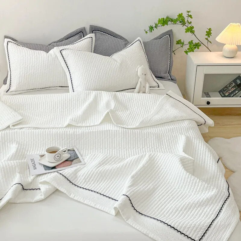 Korean Bubble Yarn Summer Blanket for Double Bed Breathable Thin Comforter Set Machine Washable Quilt 3 Pcs Set or Single Quilts