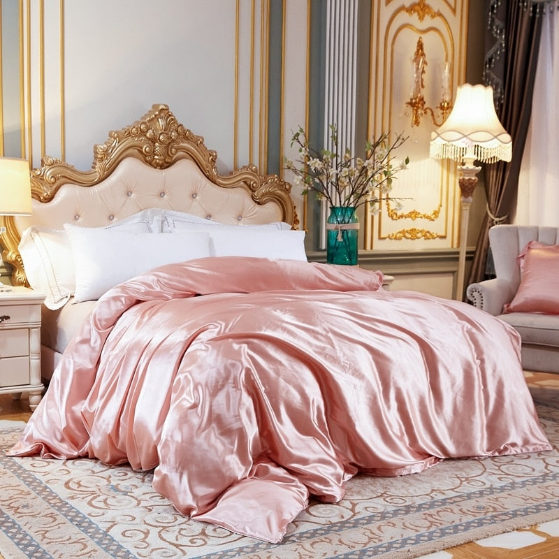 Solid Color Bedding Set with Mulberry Silk Duvet Cover Bed Sheet Pillowcase Luxury Satin Bedsheet King Queen Double Twin Size