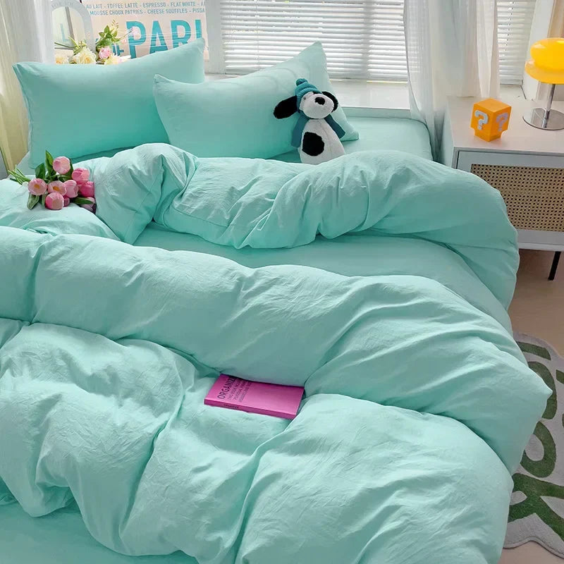 Solid Bed Linen Cotton Bedding Set 4pcs with Sheet Duvet Cover Pillowcases Single Couple Bedsheet Single Couple Twin Size