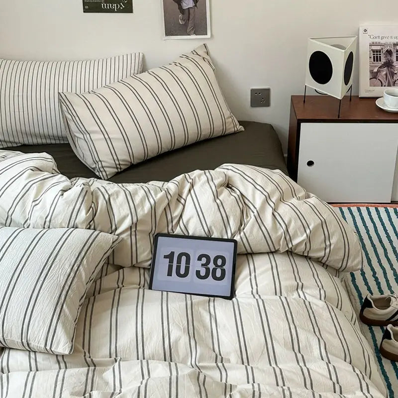 Japanese Style Duvet Cover Set No Filler Blue Plaid Pillowcase Flat Sheet Nordic Single Queen Size Bedding Set