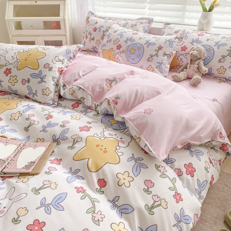 Korean Style Bedding Set Twin Queen Size Cute Cream Cherry Duvet Cover Flat Sheet Pillowcase Polyester Boys Girls Bed Linen