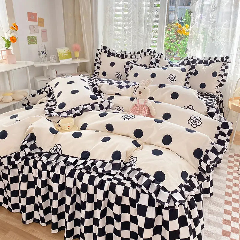 Pink Korean Princess Bedding Set No Filling Cute Strawberry Duvet Cover Checkerboard Single Queen Size Bed Linen Pillowcases