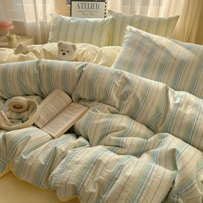 Striped Bedding Set INS Nordic Girls Soft 100% Cotton Bed Sheet Queen King Size Duvet Set Comforter Set Pillowcase Bed Linens