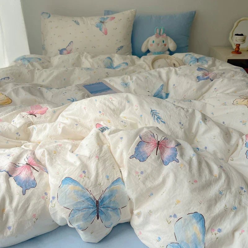 Korean Style Cute Bedding Set For Girls Bed Linen New Skin Friendly Fresh Flora Printed Washed Cotton Duvet Cover Set
