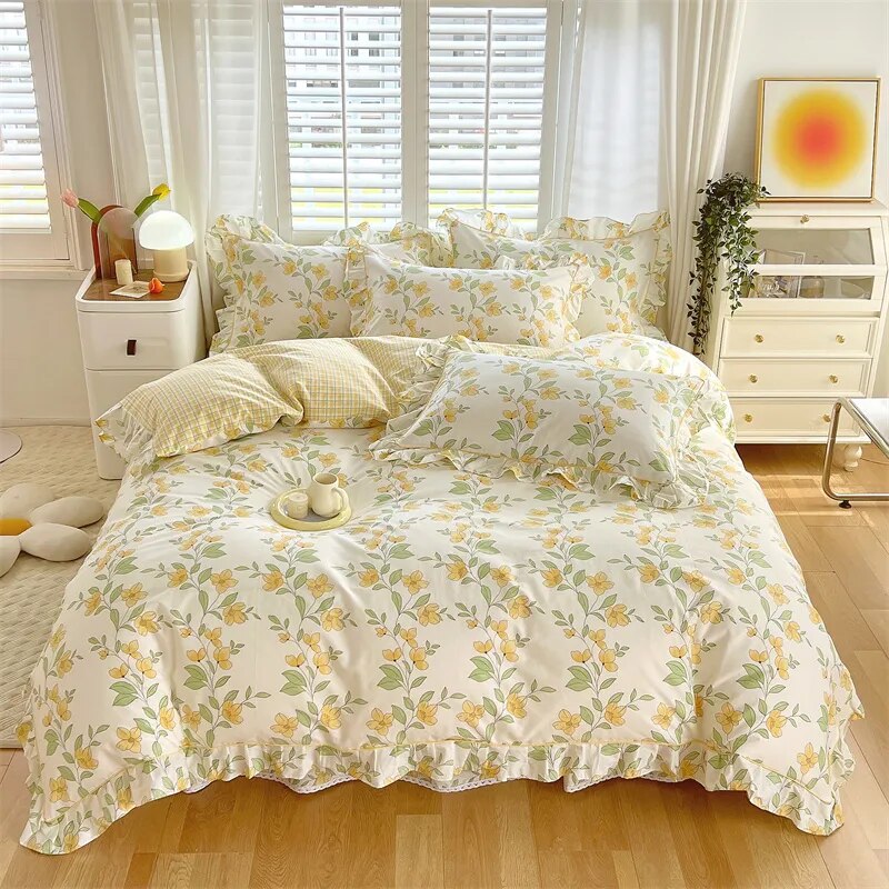 Ruffle Bedding Set 100% Cotton 1 Duvet Cover 2 Pillowcases No Sheet  Ultra Soft Touch Floral Style 200x230 220x240
