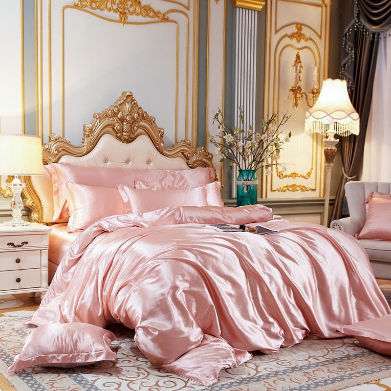 Solid Color Bedding Set with Mulberry Silk Duvet Cover Bed Sheet Pillowcase Luxury Satin Bedsheet King Queen Double Twin Size