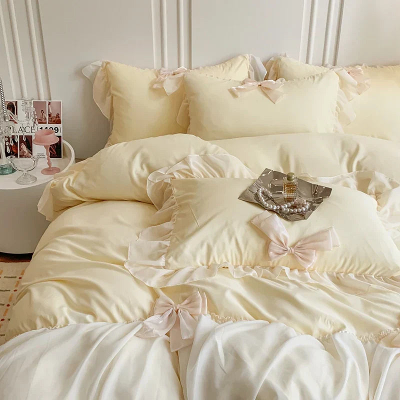 Korean Princess Style Bedding Sets Ruffle Lace Bow Quilt Cover Romantic Bedclothes Decor Woman Girls Bedroom/ Bedding Set