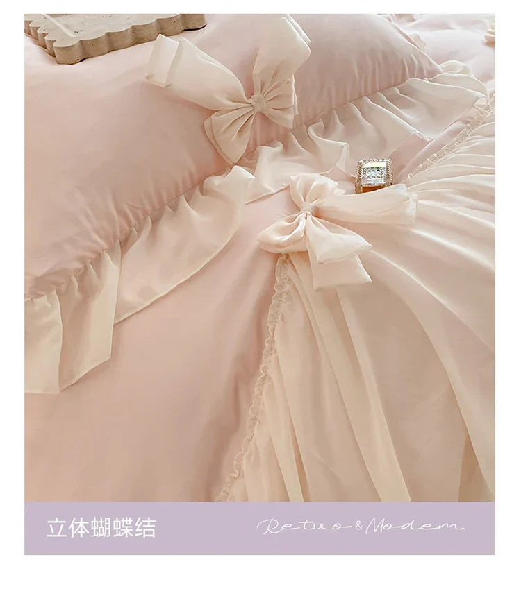 Korean Princess Style Bedding Sets Ruffle Lace Bow Quilt Cover Romantic Bedclothes Decor Woman Girls Bedroom/ Bedding Set