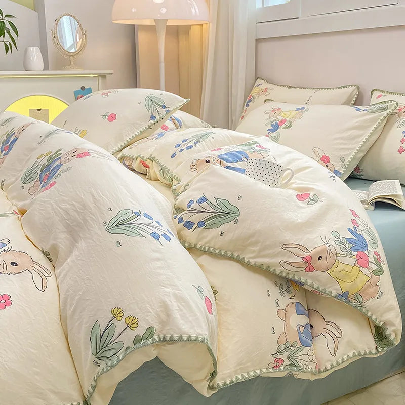 INS Girls Cherry Bedding Set Soft Washed Cotton Bed Sheet Queen King Size Simple Quilt Cover Pillowcase Bed Linens