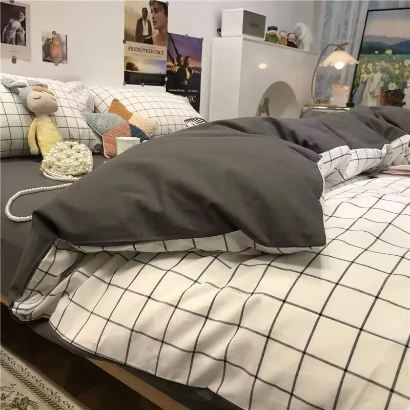 Korean Style Fashion Bedding Set Kids Adults Twin Full Queen Size Blue Bed Flat Sheet Duvet Cover Pillowcases Floral Bed Linen