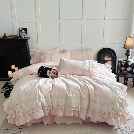 Pink Luxury Princess Wedding Lace Ruffles 100% Cotton Bedding Set Duvet Cover Bed Sheet/Bed Skirt/Fitted Sheet Pillowcases 4Pcs