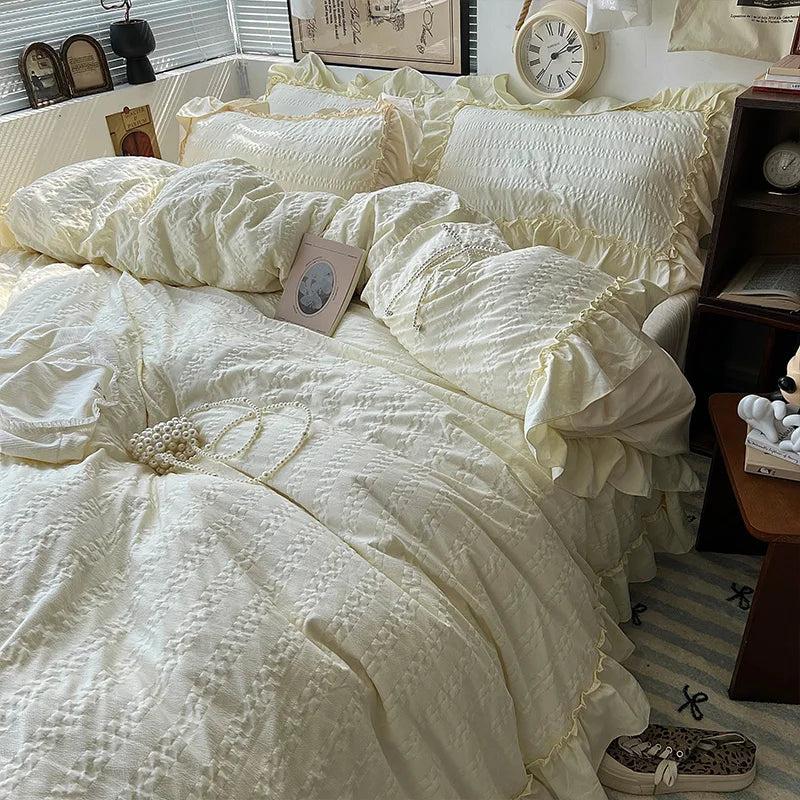 Pink Korean Princess Style Lace Ruffles Bedding Set Skin-friendly Seersucker Duvet Cover Set Fitted Sheet/Bed Sheet Pillowcases