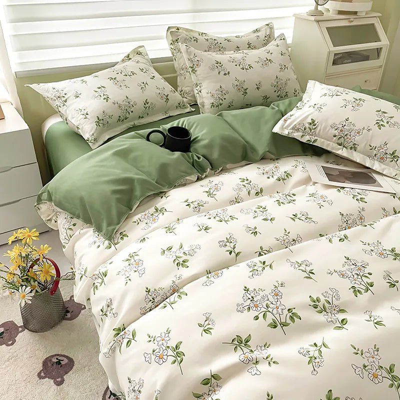 Floral Printed Duvet Cover Set with Sheet Pillowcases Warm Cute Cartoon Bed Linen Full Queen Size Home Gift Bedding Set