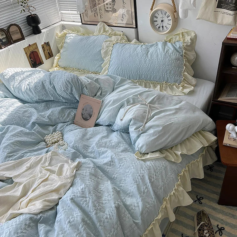 Pink Korean Princess Style Lace Ruffles Bedding Set Skin-friendly Seersucker Duvet Cover Set Fitted Sheet/Bed Sheet Pillowcases