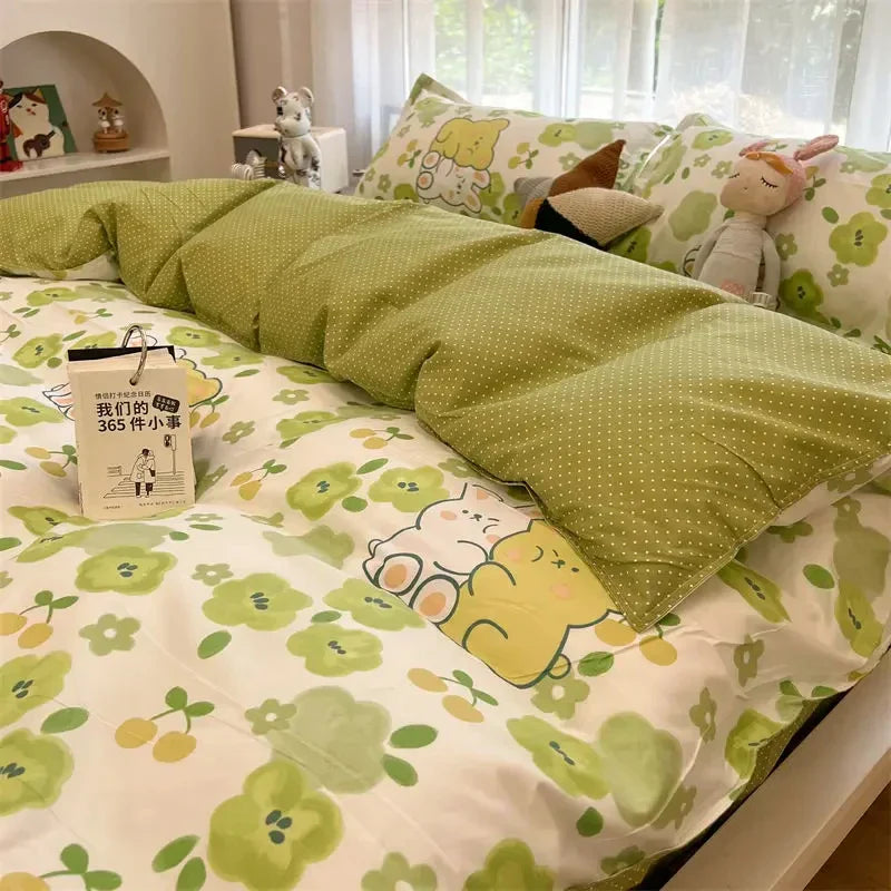 Romantic Bedding Set Floral Ins Style Duvet Cover Flat Sheet with Pillowcases Single Queen Full Size Boys Girls Korean Bed Linen