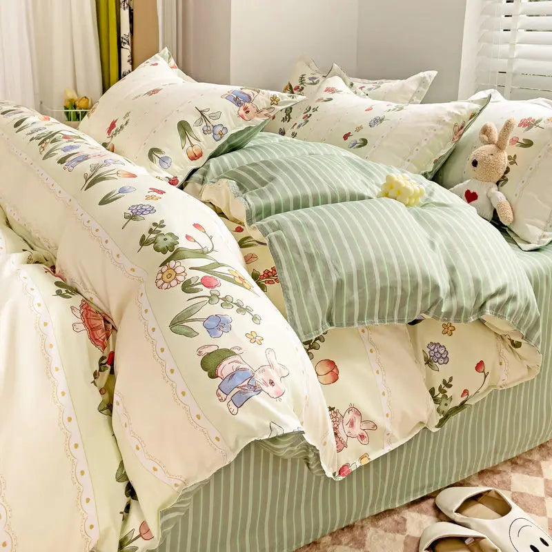 Ins Retro Flower Bedding Set Flat Bed Sheet Pillowcase Twin Full Queen Size Bed Linen Women Girls Caramel Floral Duvet Cover Set