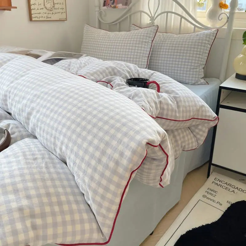 Simple Striped Bedding Set Washed Cotton Duvet Cover Sheet Pillowcase Queen King Size Boys Adults Bed Linens