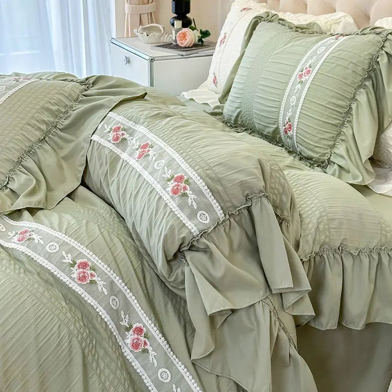 Lace Bedding Set for Girls, Princess Duvet Cover with Sheet, Soft Washed Cotton, French Romantic Home Textiles, Elegant and Soft