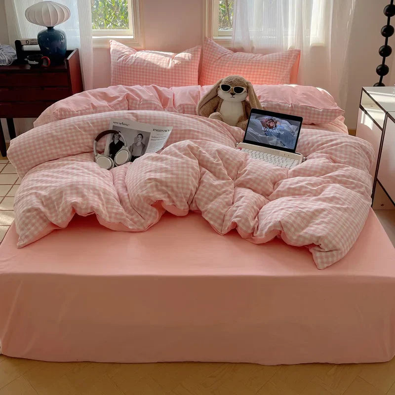Striped Bedding Set INS Nordic Girls Soft 100% Cotton Bed Sheet Queen King Size Duvet Set Comforter Set Pillowcase Bed Linens