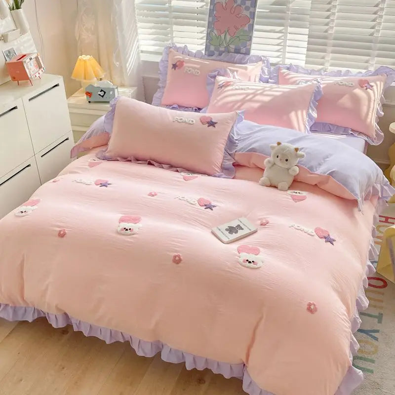 Kawaii Princess Bedding Set with White Ruffles Korean Style Girls Single Full Duvet Cover No Filling Flat Sheet Pillowcases Kit