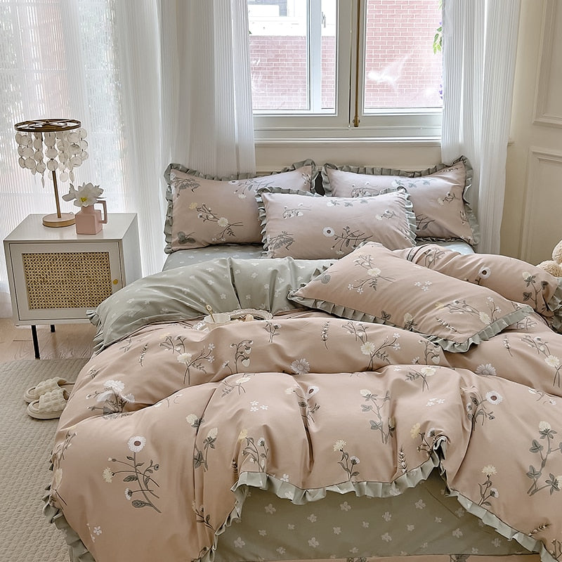 Korean Princess Style Ruffles Bedding Set Duvet Cover Set Flower Printing Quilt Cover Bed Sheet Or Fitted Sheet With Pillowcases