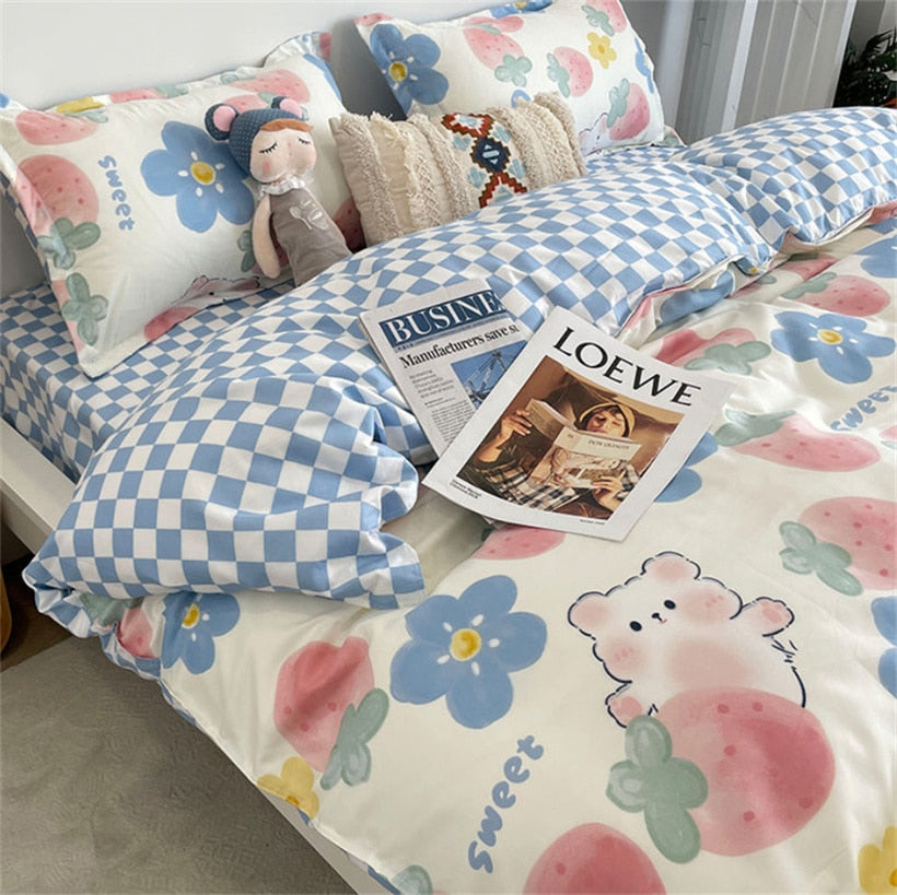 Kids Bedding Set Kawaii Cartoon Printed Duvet Cover Flat Sheet Pillowcase Soft Bed Linens Dormitory Bedroom Home Textile