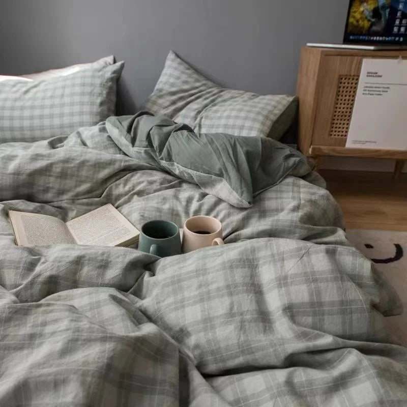 Nordic Simple Small Check Dark Green Bedding Set Soft High Quality Quilt Cover Polyester Aesthetic Bed Sheet With Pillowcases