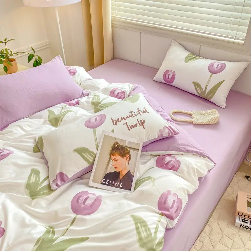 Romantic Tulip Pink Bedding Set Bed Flat Sheet Pillowcase Twin Full Queen Princess Style Bed Linen Kids Girls Floral Duvet Cover