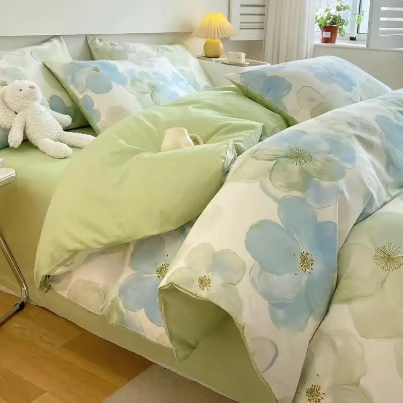 Green Floral Duvet Cover Set No Filler Pillowcase Flat Sheet Fashion Single Queen Size Girls Blanket Decoration Bedding Set