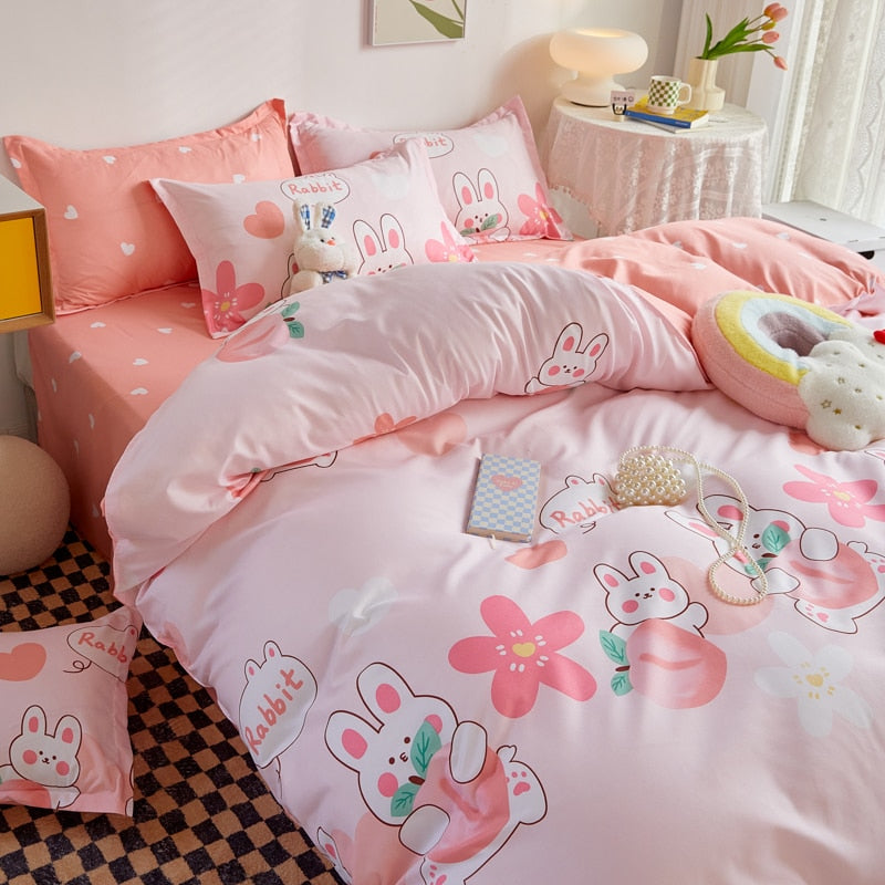 Kuup 3-4pcs Cartoon Bedding Set Duvet Cover Set Soft Bedding Printing Bed Linen Queen Size Bedding Set Fashion Design For Girl