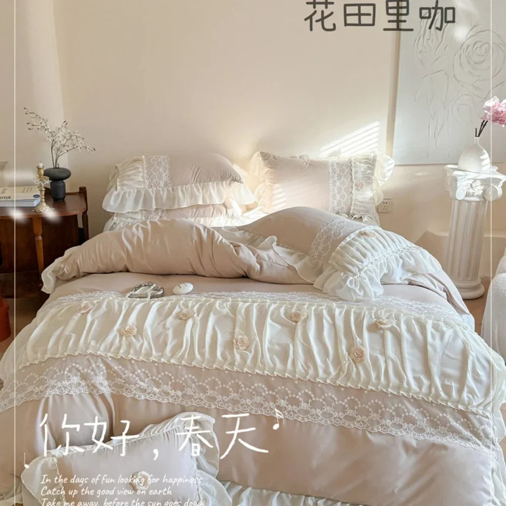 Princess Style Lace Ruffles Wedding Bedding Set Korean Soft Rose Flowers Four-Piece Set Duvet Cover Bed Sheet Pillowcase 4Pcs