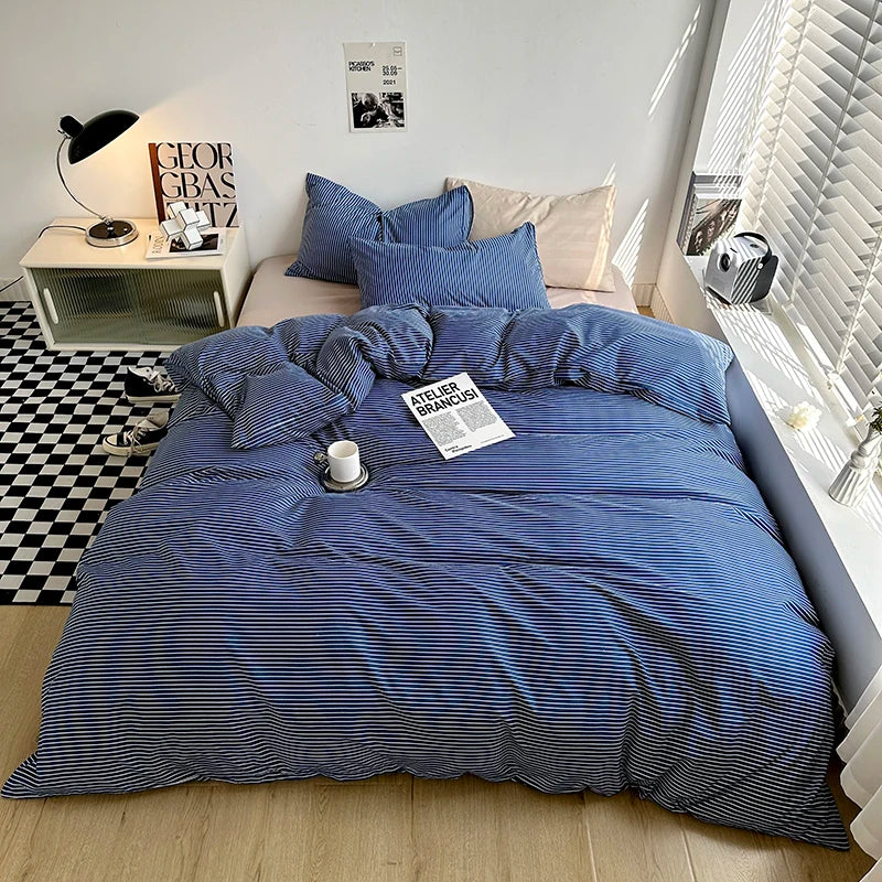 Japanese Simple Plaid Duvet Cover Set Retro Stripe Bedding 3PCS Soft Breathable Lightweight Quilt Covers Set with Zipper Closure