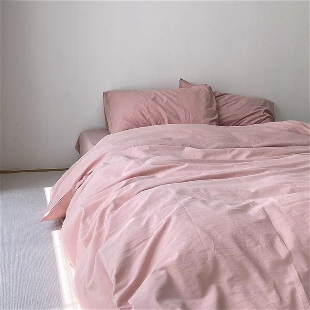 Ins Pure Washed Cotton Four-piece Bedding Set Pure Cotton 100 Solid Color Quilt Cover Set Bedding Three-piece Set