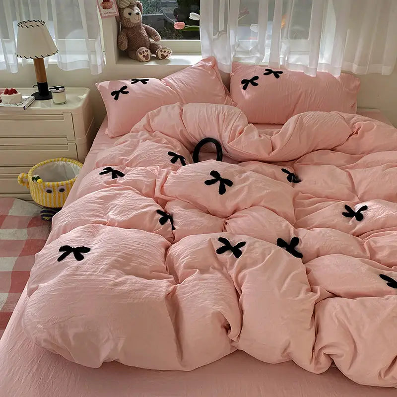 Skin Friendly Washed Cotton Bow Towel Embroidered Duvet Cover Set NO Filler Girls Princess Home Bedding Flat Sheet Pillowcase